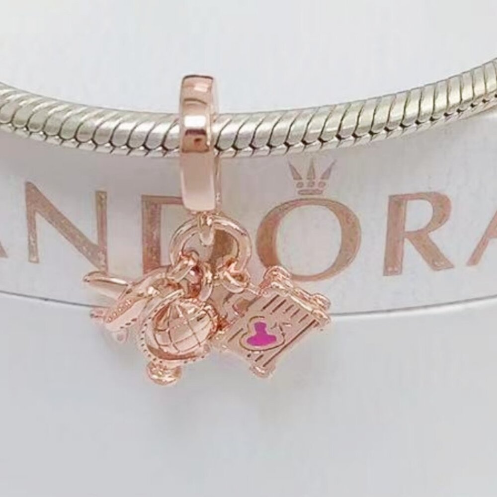 Pandora Airplane, Globe & Suitcase Triple Dangle Charm Rose Gold-Plated